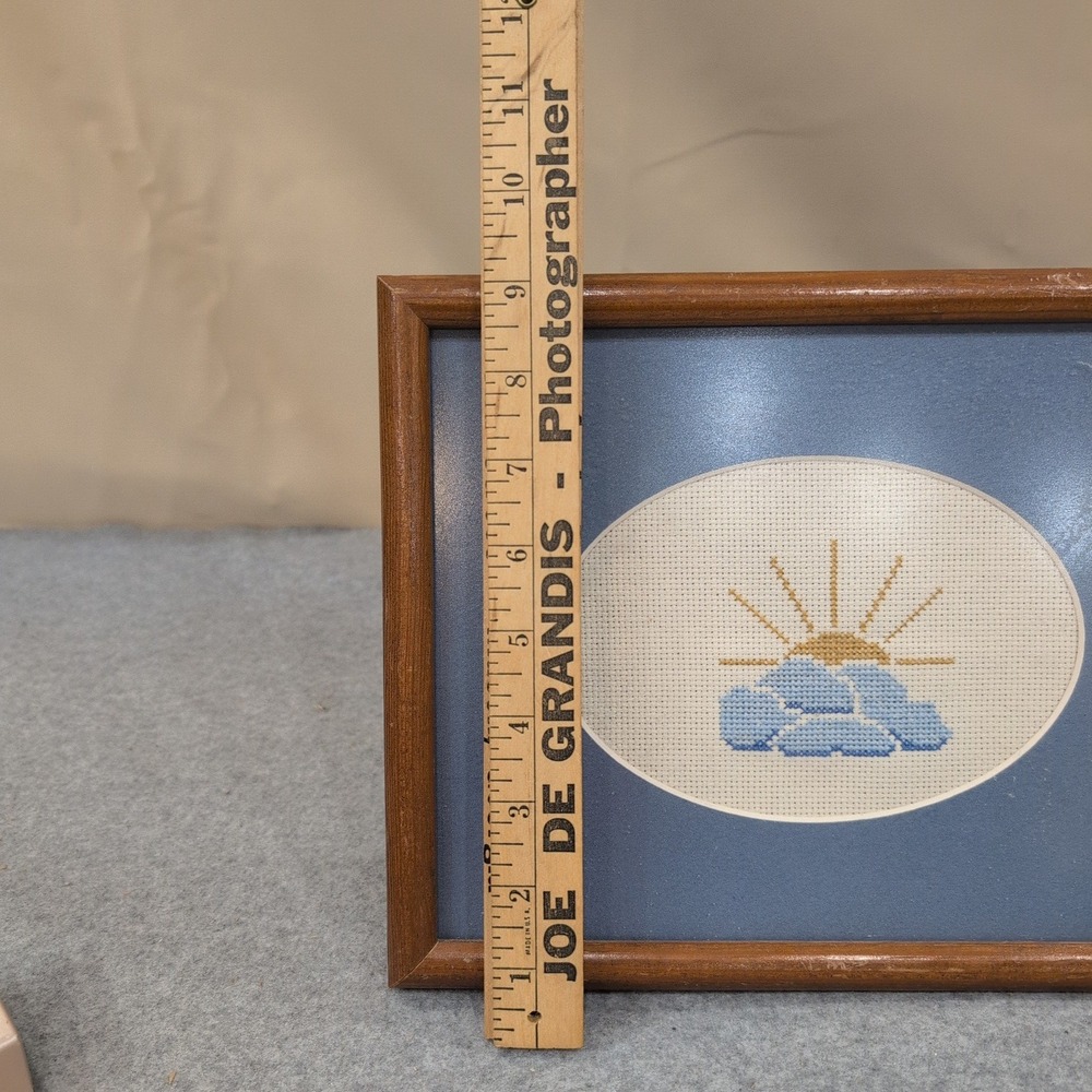 Vintage Cross Stitch Framed Art Sun and Clouds Needlepoint Blue Wood Frame - Picture 5 of 6